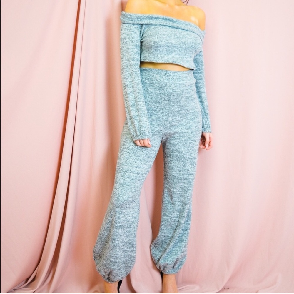 Grey Gray Knit Crop Top Jogger Pants Set